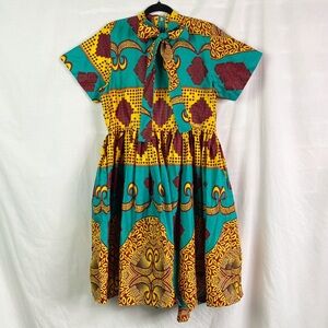 African Wax Print Turquoise Yellow Red Geometric Bold Pattern Midi Dress Lg